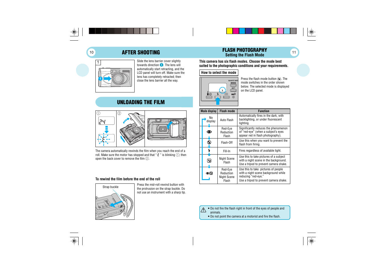 Unloading the film, After shooting, Flash photography | Olympus 105 User Manual | Page 6 / 12