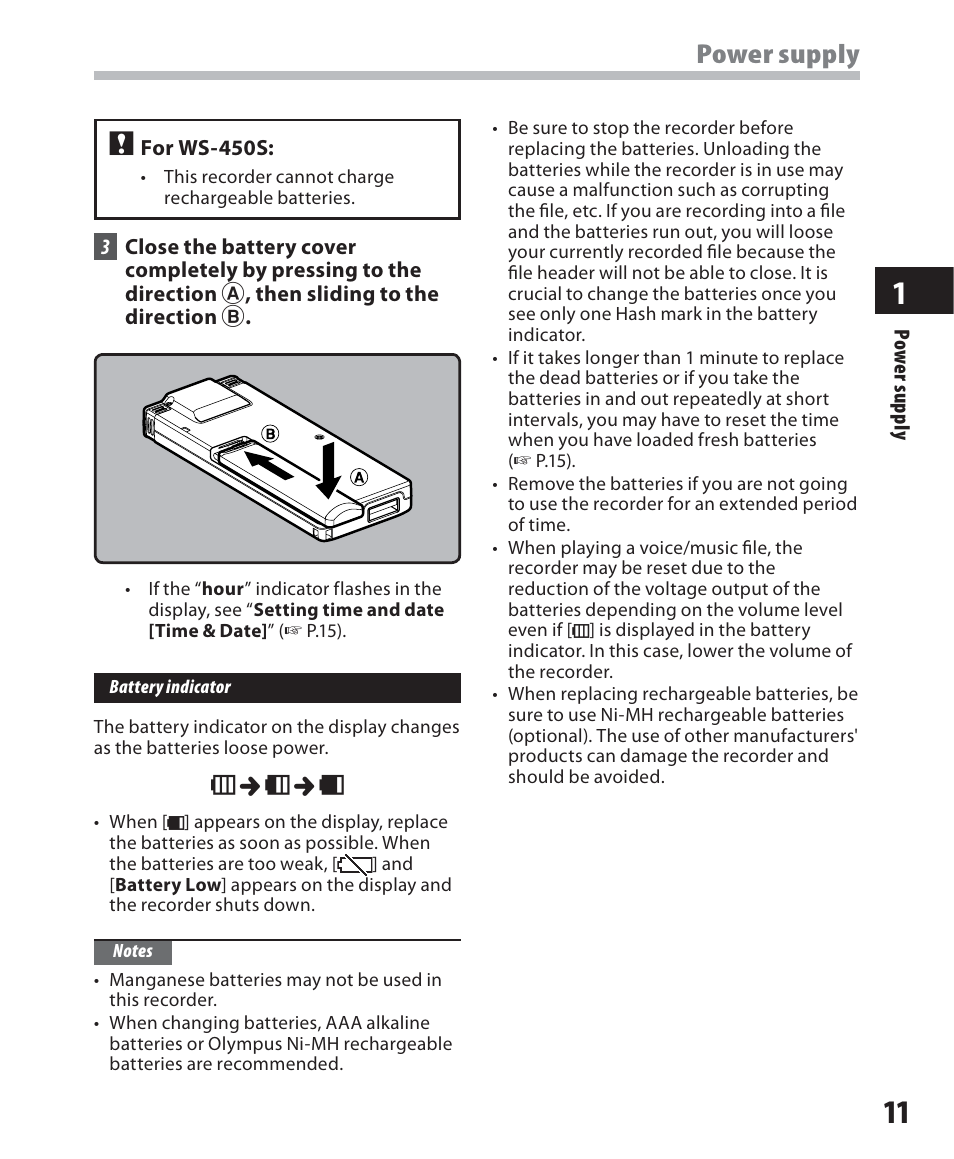 Power supply | Olympus WS 450 S User Manual | Page 11 / 72