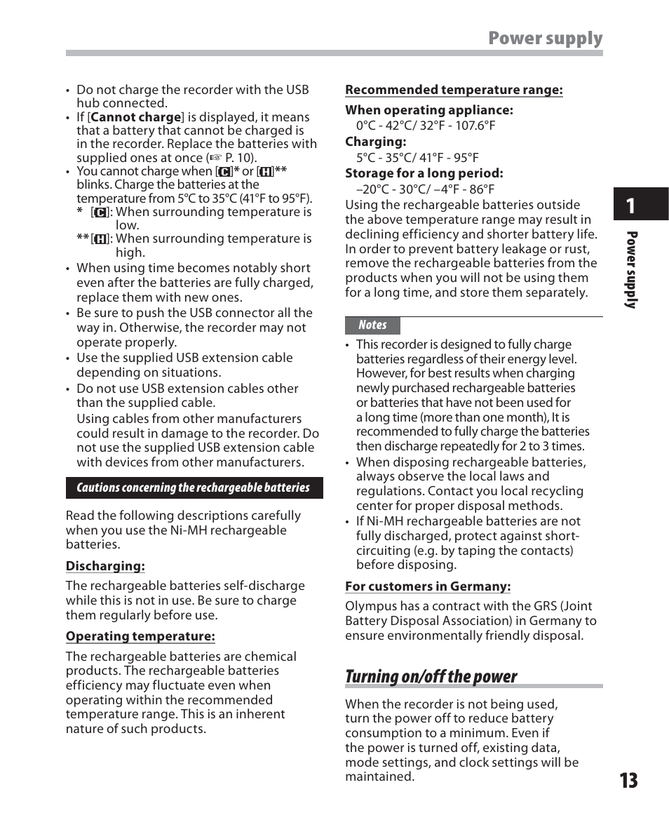 Power supply, Turning on/off the power | Olympus WS 450 S User Manual | Page 13 / 72