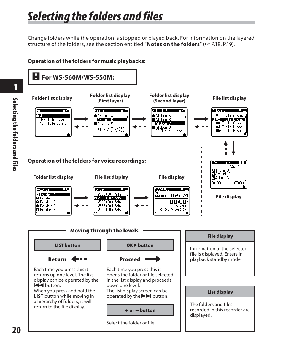 Selecting the folders and files | Olympus WS 450 S User Manual | Page 20 / 72