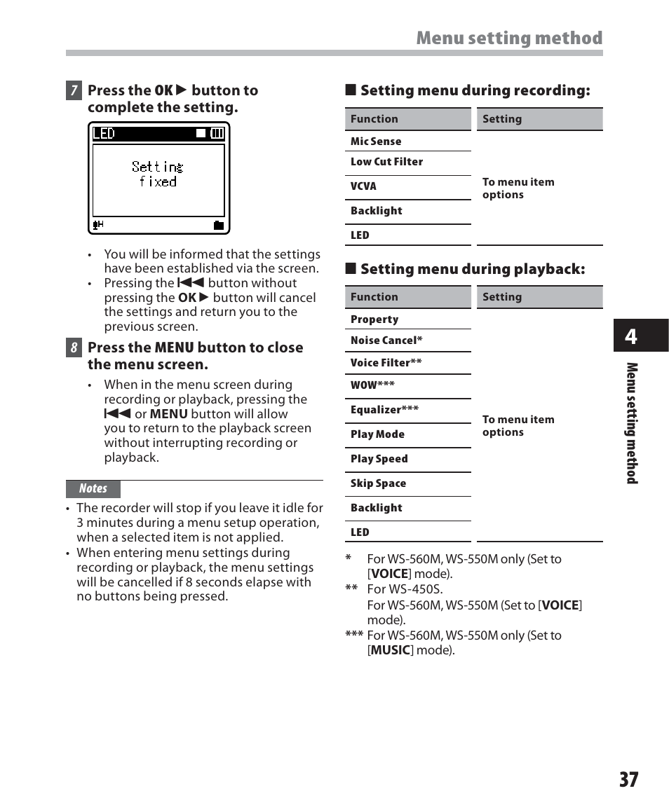 Menu setting method | Olympus WS 450 S User Manual | Page 37 / 72