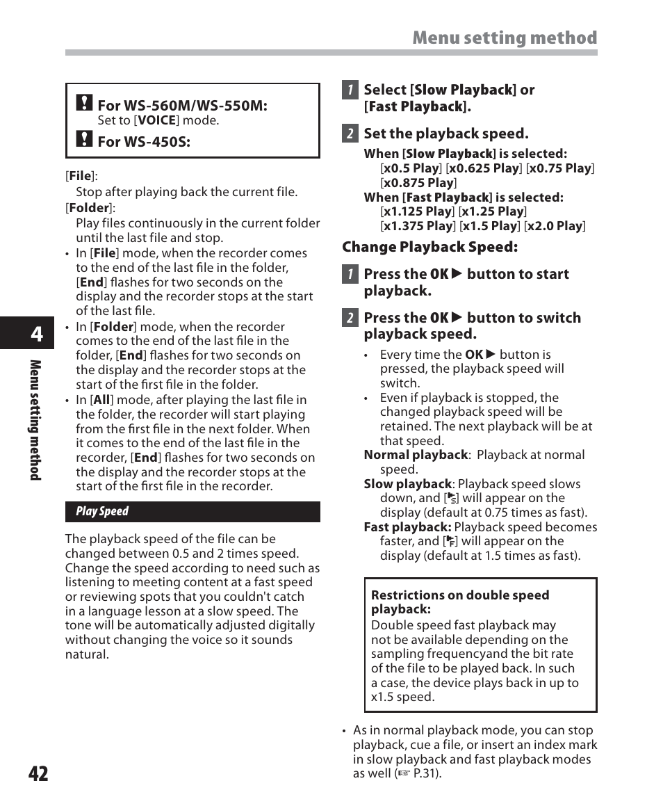 Menu setting method | Olympus WS 450 S User Manual | Page 42 / 72