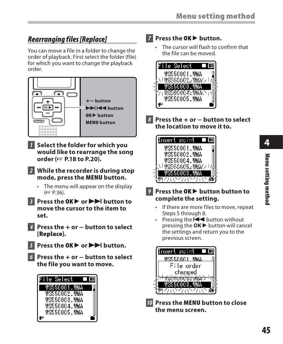 Menu setting method, Rearranging files [replace | Olympus WS 450 S User Manual | Page 45 / 72