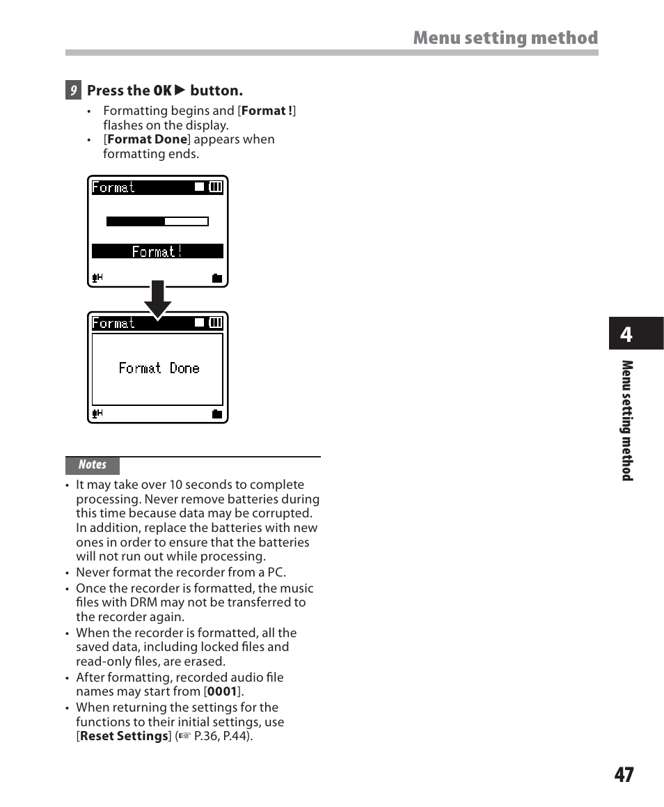 Menu setting method | Olympus WS 450 S User Manual | Page 47 / 72