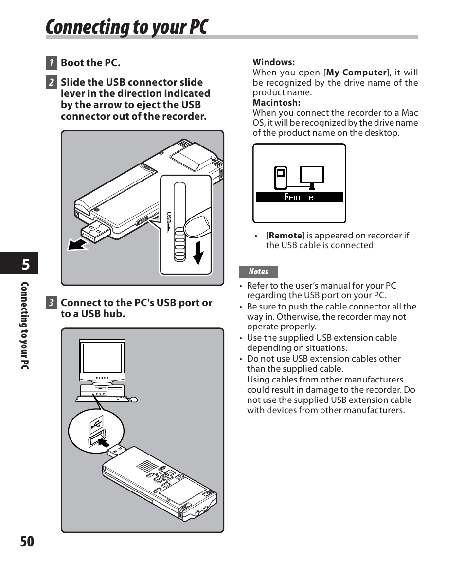 Connecting to your pc | Olympus WS 450 S User Manual | Page 50 / 72