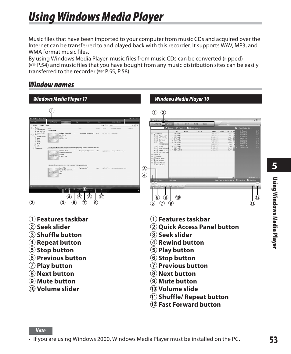 Using windows media player, Window names | Olympus WS 450 S User Manual | Page 53 / 72