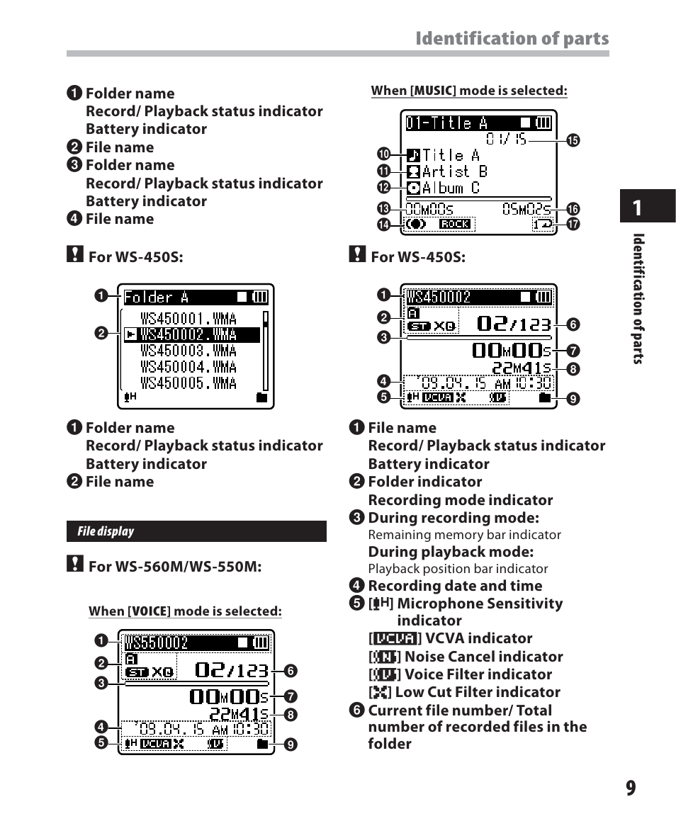 Identification of parts | Olympus WS 450 S User Manual | Page 9 / 72