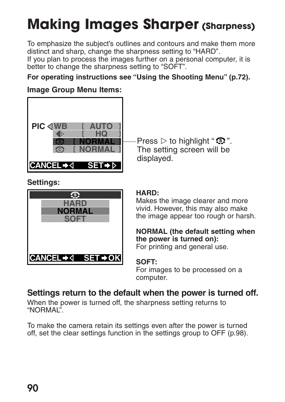 Making images sharper (sharpness), Making images sharper | Olympus C-200 Zoom  EN User Manual | Page 100 / 162