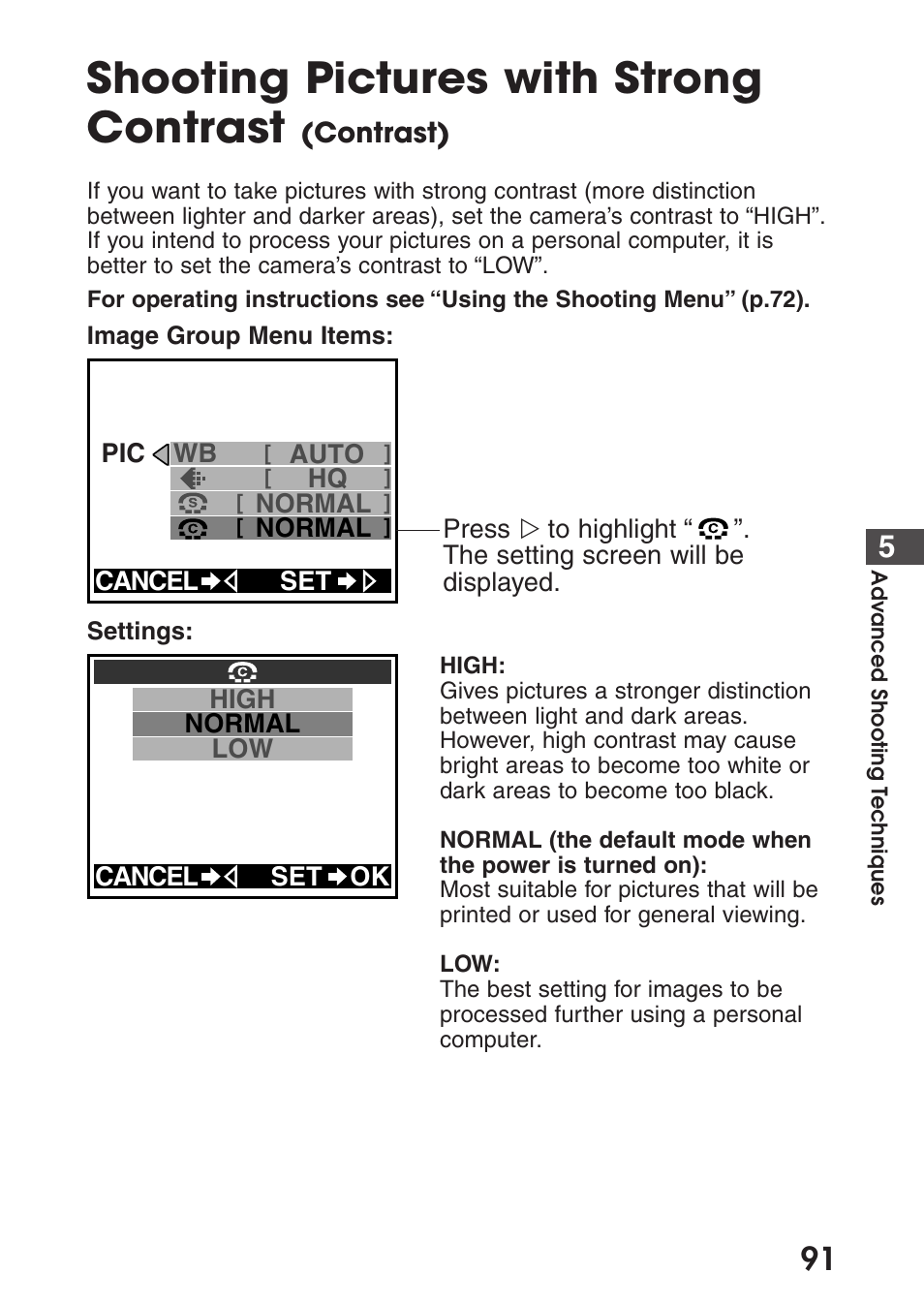 Shooting pictures with strong contrast (contrast), Shooting pictures with strong contrast | Olympus C-200 Zoom  EN User Manual | Page 101 / 162