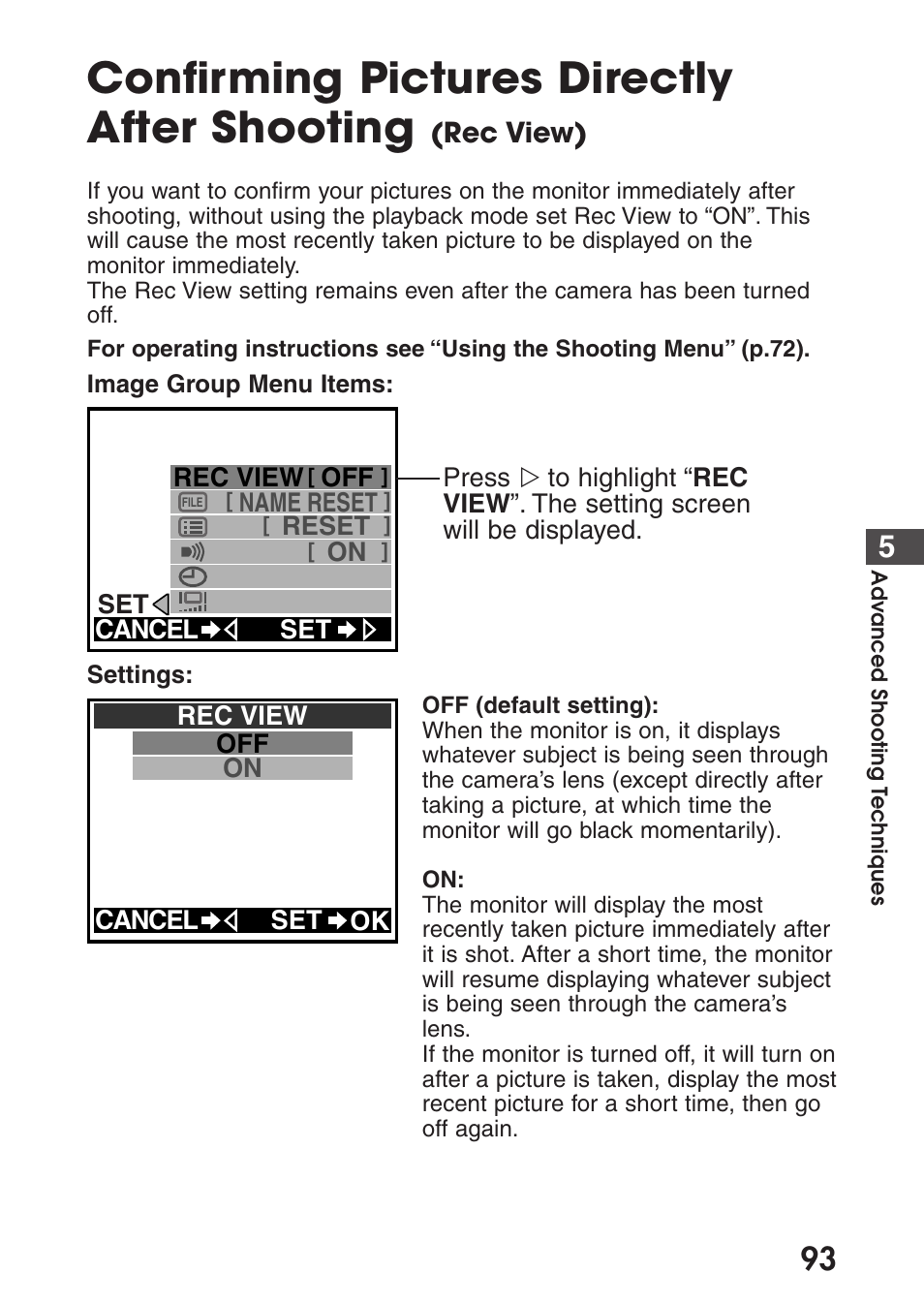 Confirming pictures directly after shooting | Olympus C-200 Zoom  EN User Manual | Page 103 / 162