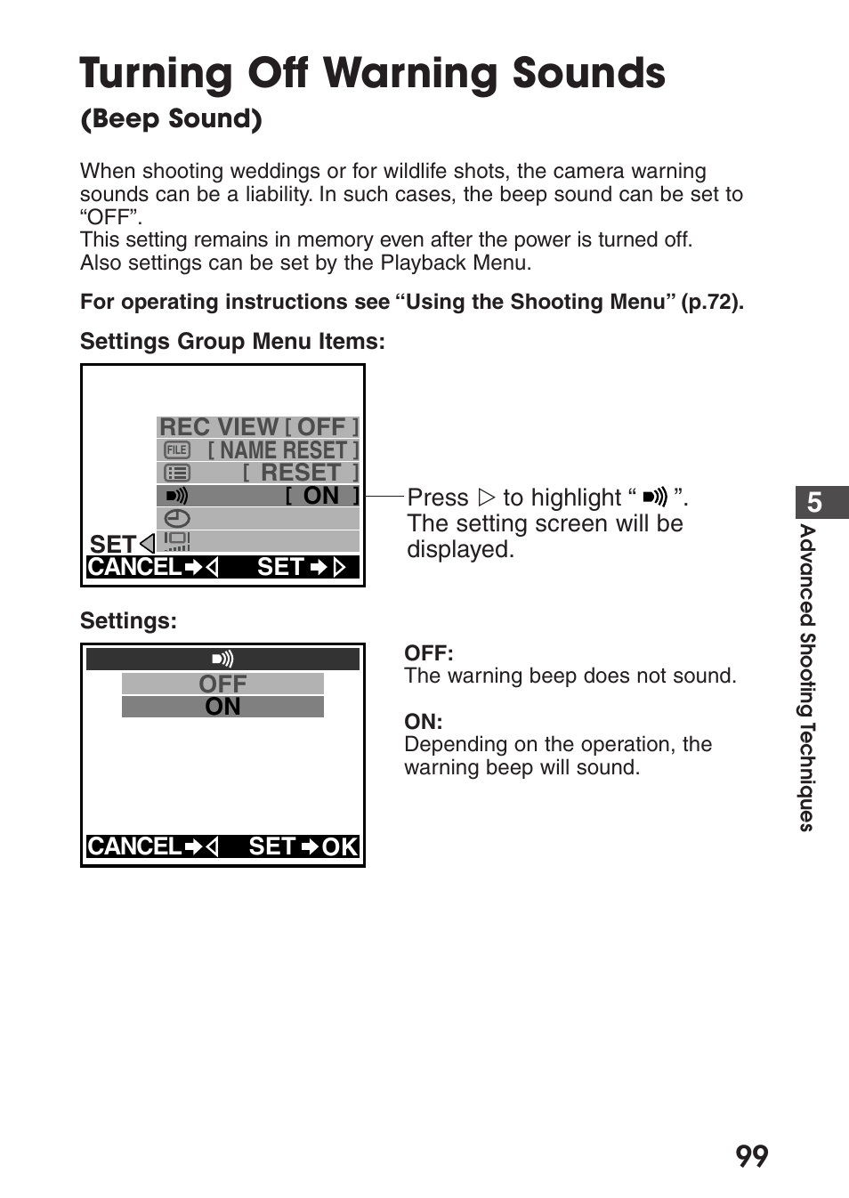 Turning off warning sounds (beep sound), Turning off warning sounds | Olympus C-200 Zoom  EN User Manual | Page 109 / 162