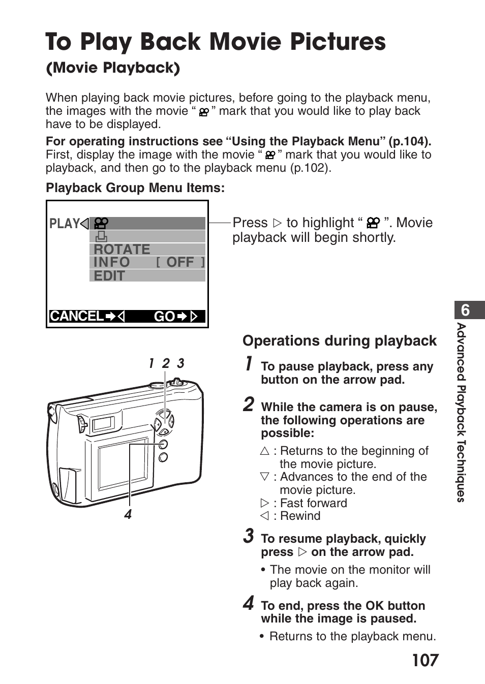 To play back movie pictures (movie playback) | Olympus C-200 Zoom  EN User Manual | Page 117 / 162