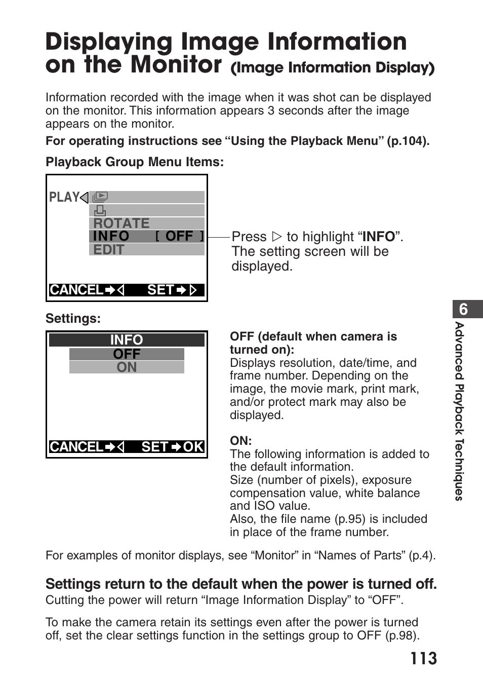 Displaying image information on the monitor, Image information display) | Olympus C-200 Zoom  EN User Manual | Page 123 / 162