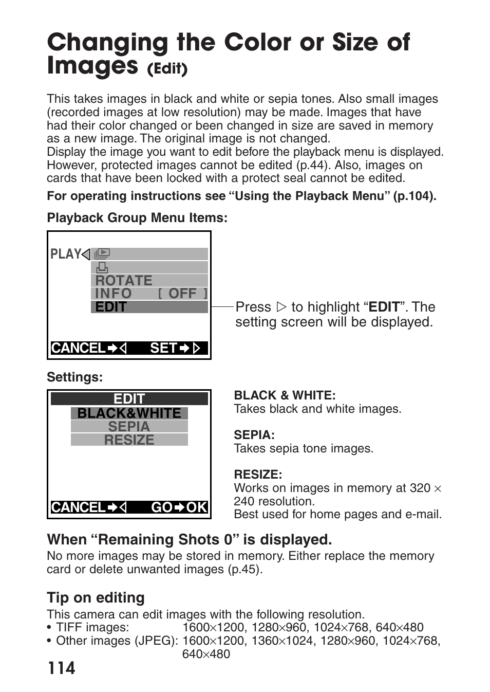 Changing the color or size of images (edit), Changing the color or size of images | Olympus C-200 Zoom  EN User Manual | Page 124 / 162