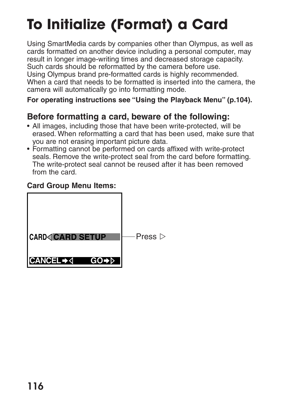 To initialize (format) a card | Olympus C-200 Zoom  EN User Manual | Page 126 / 162