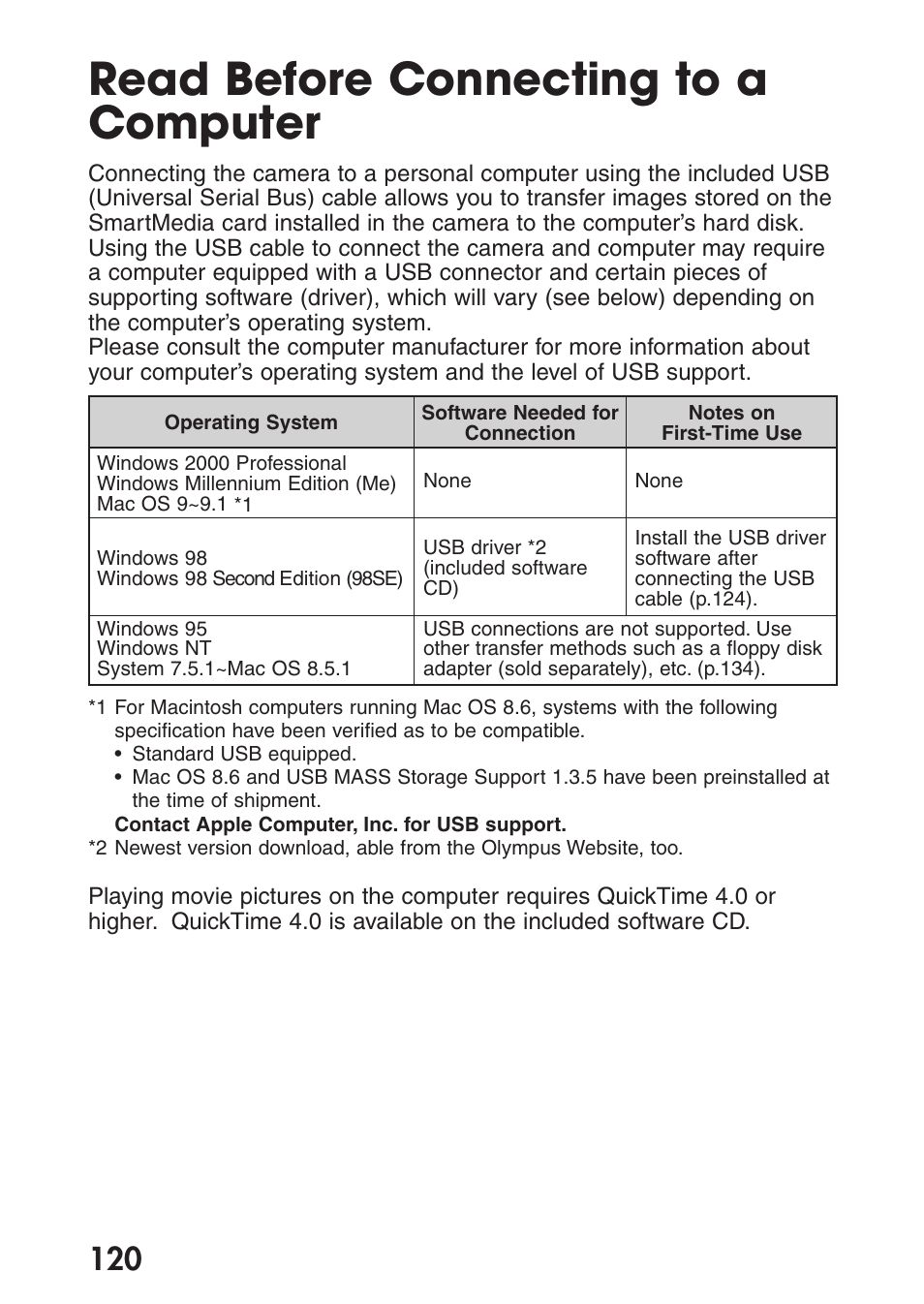 Read before connecting to a computer | Olympus C-200 Zoom  EN User Manual | Page 130 / 162