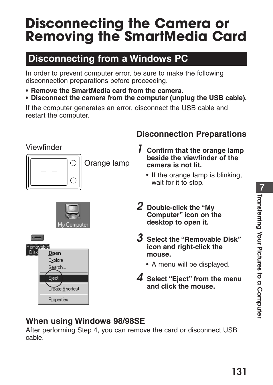 Disconnecting from a windows pc | Olympus C-200 Zoom  EN User Manual | Page 141 / 162