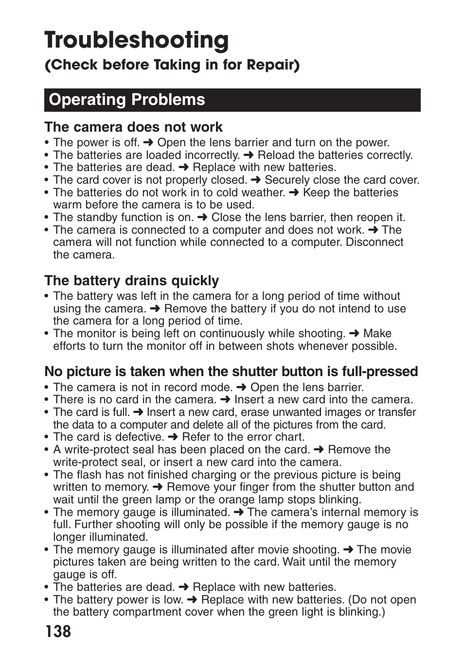 Operating problems, Troubleshooting, Check before taking in for repair) | The camera does not work, The battery drains quickly | Olympus C-200 Zoom  EN User Manual | Page 148 / 162
