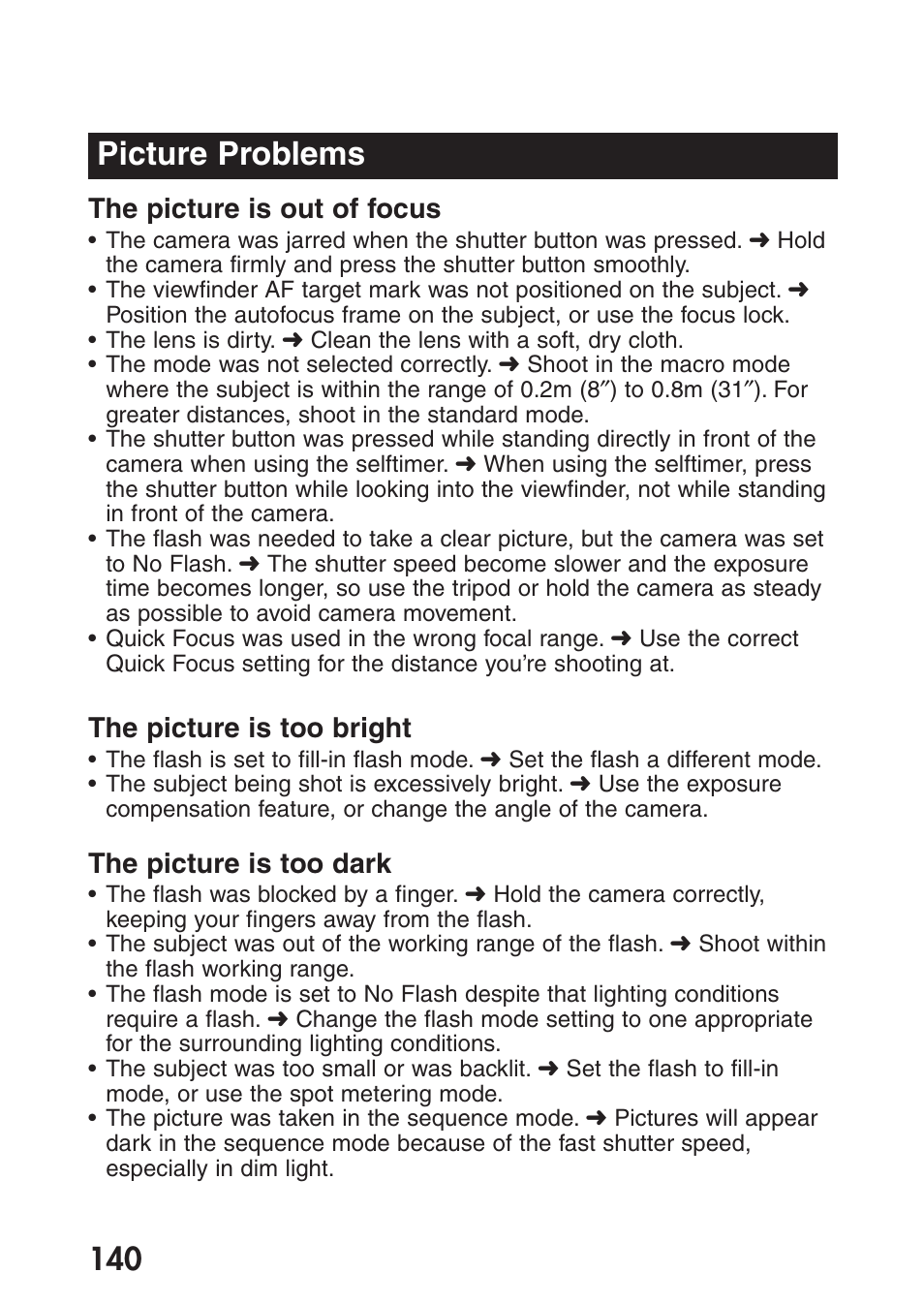 Picture problems, The picture is out of focus, The picture is too bright | The picture is too dark | Olympus C-200 Zoom  EN User Manual | Page 150 / 162