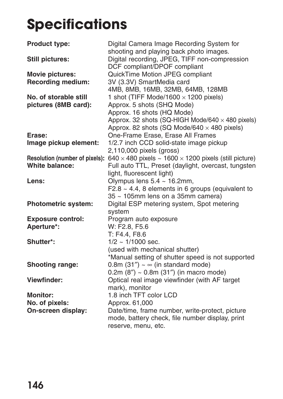 Specifications | Olympus C-200 Zoom  EN User Manual | Page 156 / 162