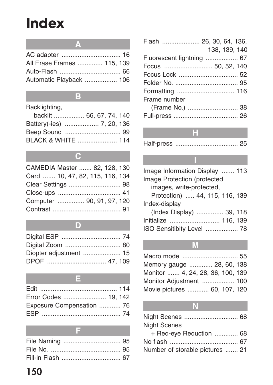 Index | Olympus C-200 Zoom  EN User Manual | Page 160 / 162