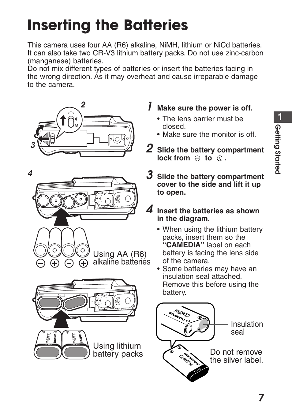 Inserting the batteries | Olympus C-200 Zoom  EN User Manual | Page 17 / 162
