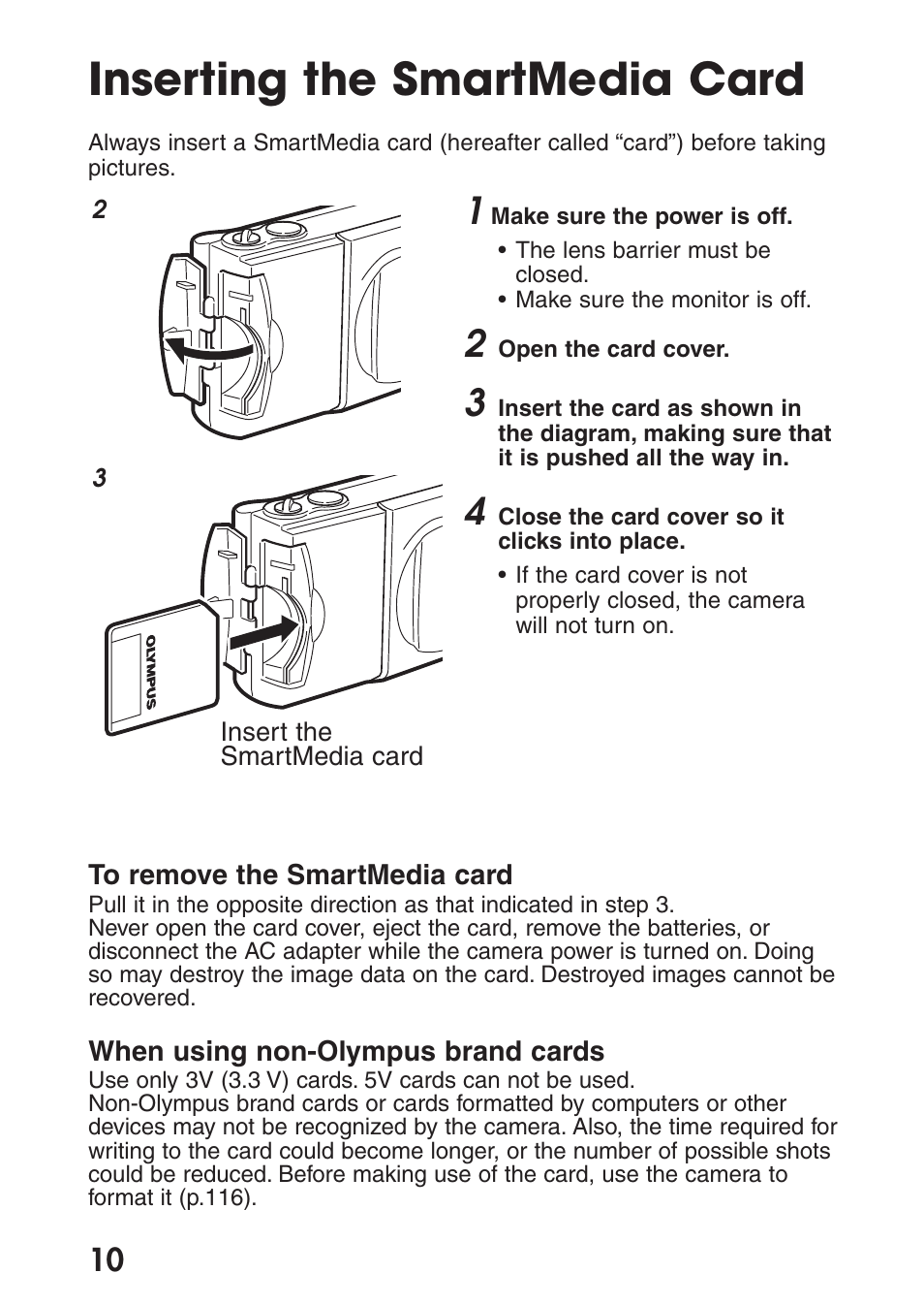 Inserting the smartmedia card | Olympus C-200 Zoom  EN User Manual | Page 20 / 162