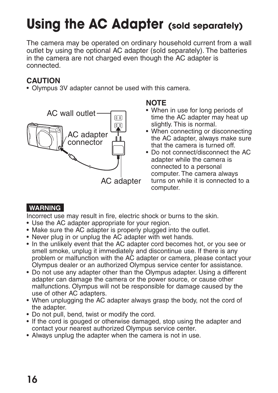 Using the ac adapter (sold separately), Using the ac adapter, Sold separately) | Olympus C-200 Zoom  EN User Manual | Page 26 / 162
