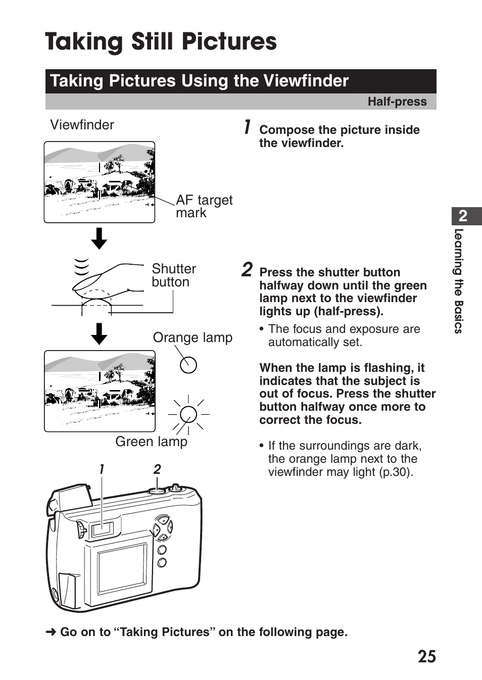 Taking still pictures, Taking pictures using the viewfinder | Olympus C-200 Zoom  EN User Manual | Page 35 / 162