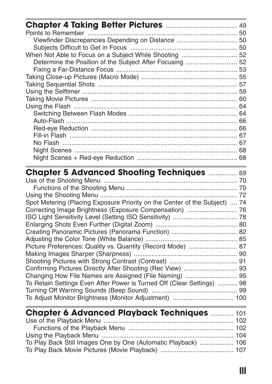 Chapter 4 taking better pictures, Chapter 5 advanced shooting techniques, Chapter 6 advanced playback techniques | Olympus C-200 Zoom  EN User Manual | Page 5 / 162