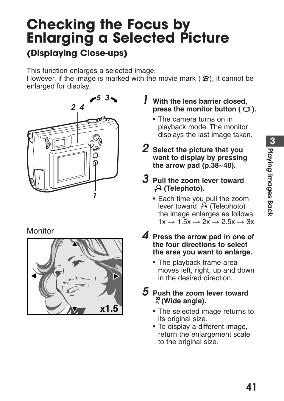 Checking the focus by enlarging a selected picture, Displaying close-ups) | Olympus C-200 Zoom  EN User Manual | Page 51 / 162