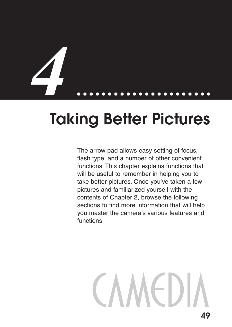 4 taking better pictures, Chapter 4 taking better pictures | Olympus C-200 Zoom  EN User Manual | Page 59 / 162