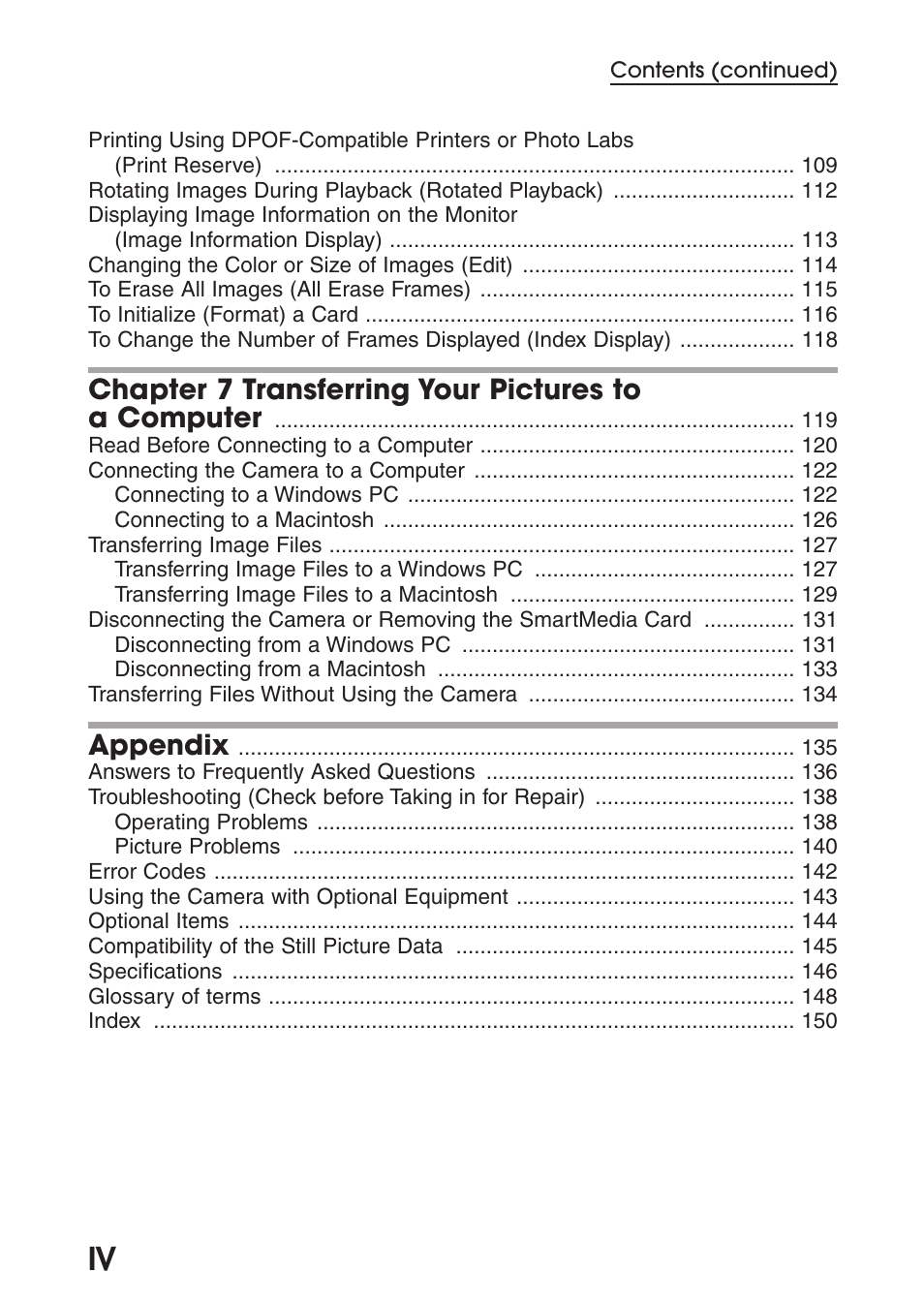 Chapter 7 transferring your pictures to a computer, Appendix | Olympus C-200 Zoom  EN User Manual | Page 6 / 162