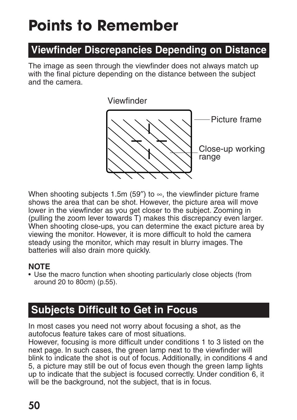 Points to remember, Viewfinder discrepancies depending on distance, Subjects difficult to get in focus | Olympus C-200 Zoom  EN User Manual | Page 60 / 162