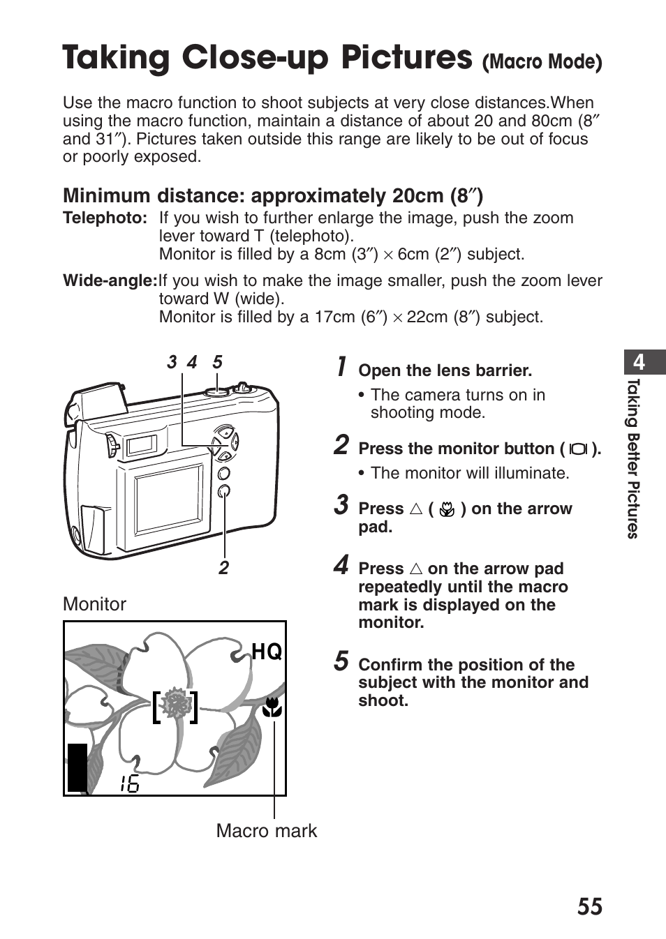 Taking close-up pictures (macro mode), Taking close-up pictures | Olympus C-200 Zoom  EN User Manual | Page 65 / 162