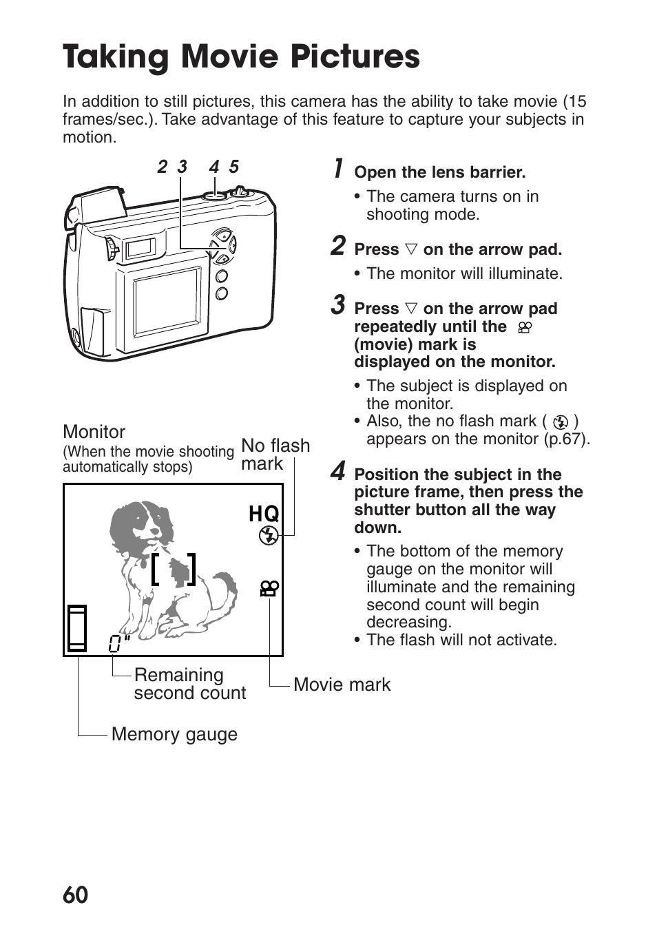 Taking movie pictures | Olympus C-200 Zoom  EN User Manual | Page 70 / 162