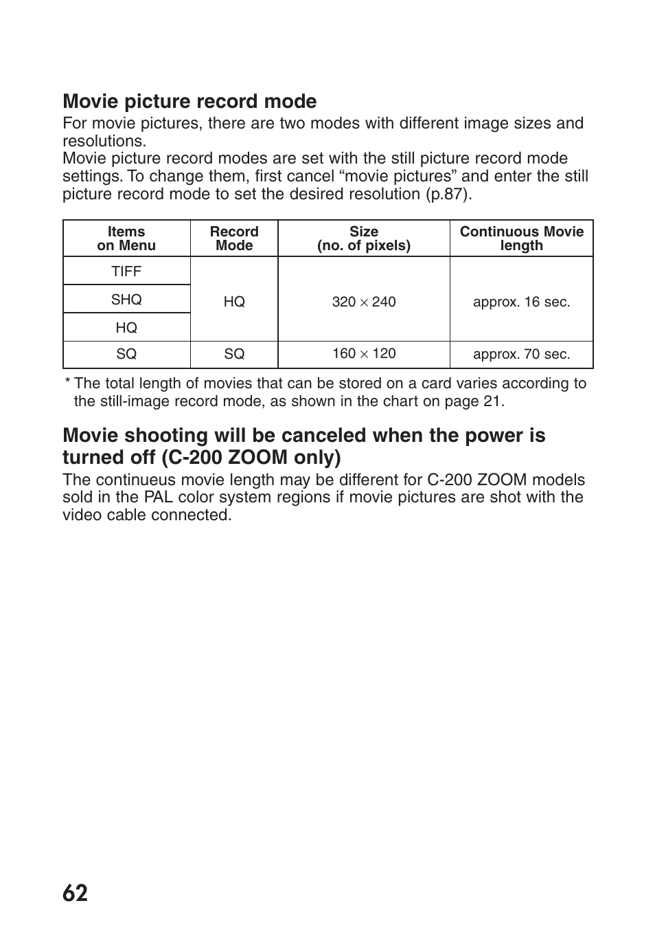 Movie picture record mode | Olympus C-200 Zoom  EN User Manual | Page 72 / 162