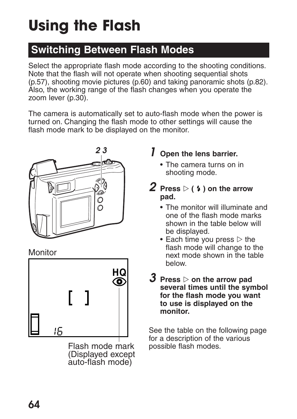 Using the flash, Switching between flash modes | Olympus C-200 Zoom  EN User Manual | Page 74 / 162