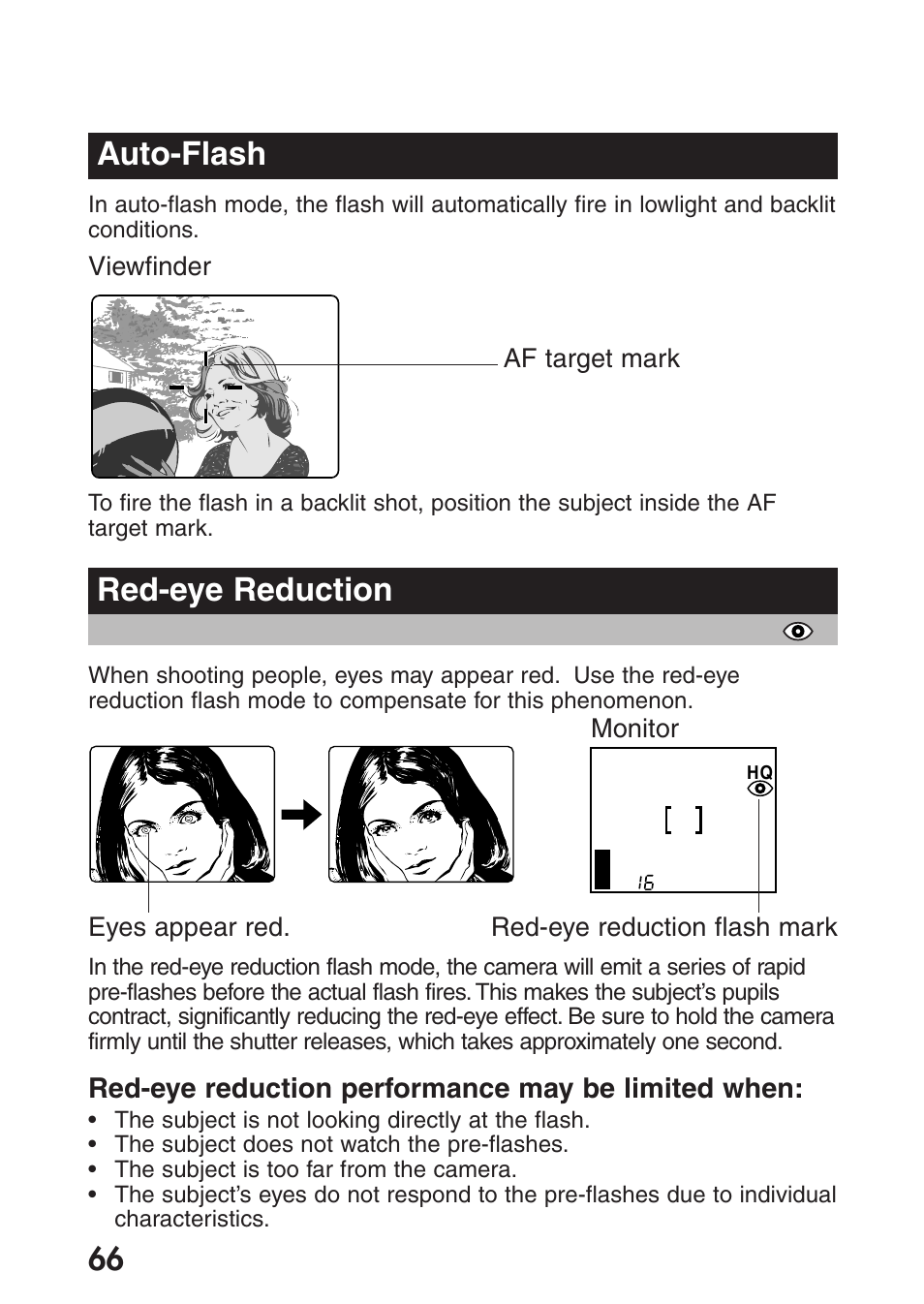 Auto-flash, Red-eye reduction, Auto-flash red-eye reduction | Olympus C-200 Zoom  EN User Manual | Page 76 / 162