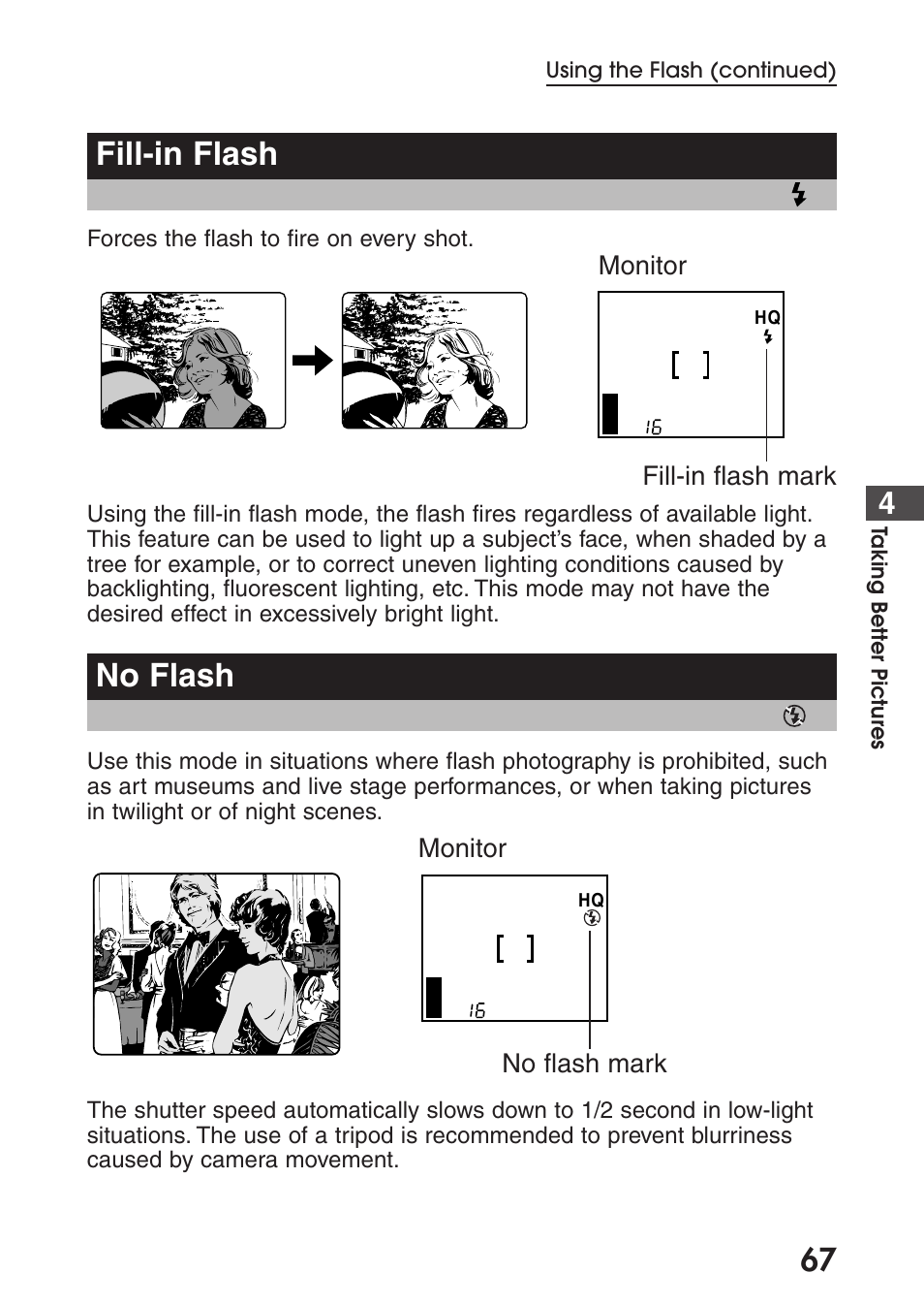 Fill-in flash, No flash, Fill-in flash no flash | Olympus C-200 Zoom  EN User Manual | Page 77 / 162