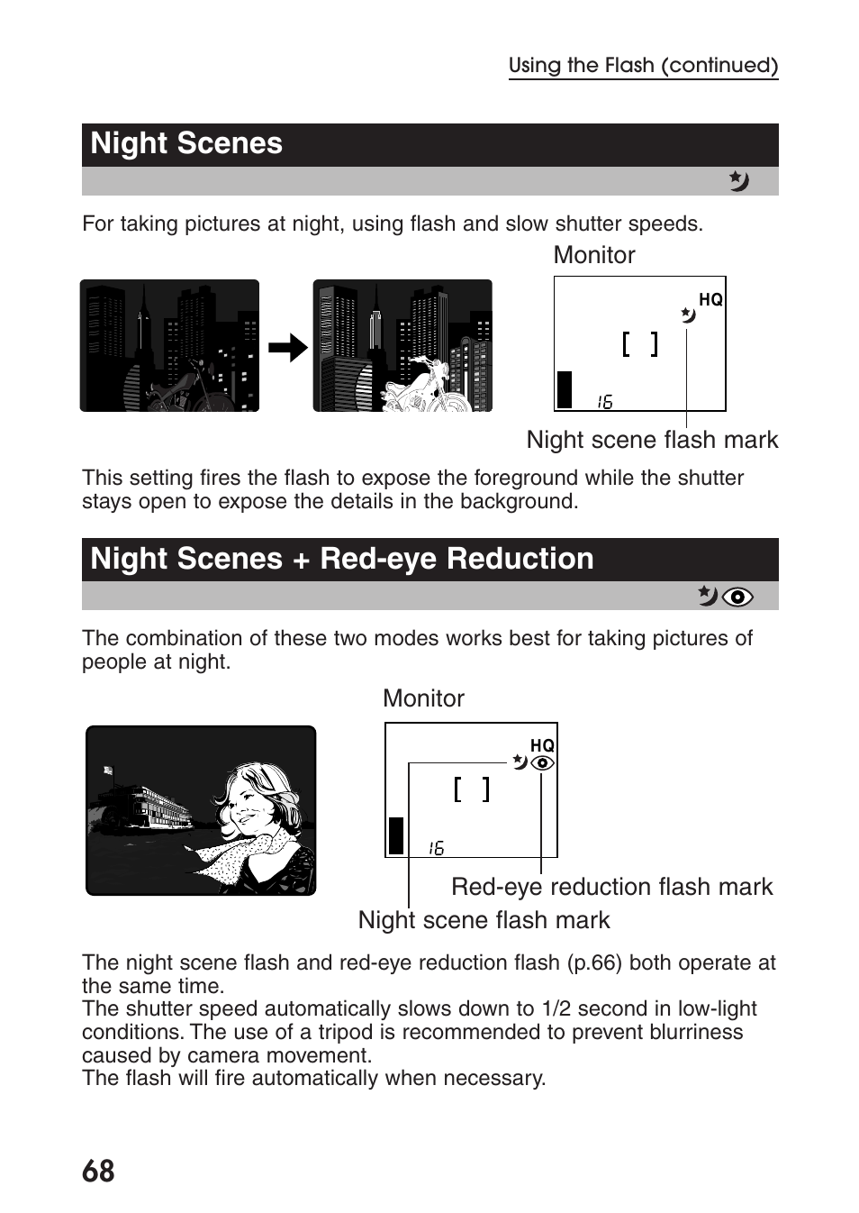 Night scenes, Night scenes + red-eye reduction, Night scenes night scenes + red-eye reduction | Monitor night scene flash mark, Using the flash (continued) | Olympus C-200 Zoom  EN User Manual | Page 78 / 162