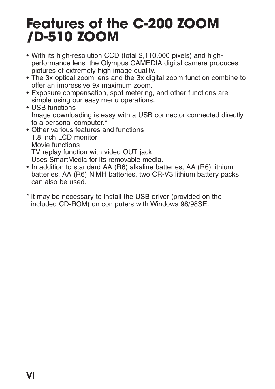 Features of the c-200 zoom /d-510 zoom | Olympus C-200 Zoom  EN User Manual | Page 8 / 162