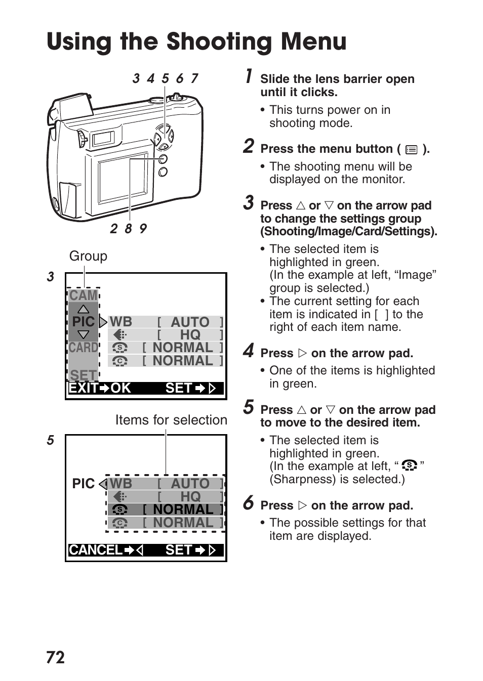 Using the shooting menu | Olympus C-200 Zoom  EN User Manual | Page 82 / 162