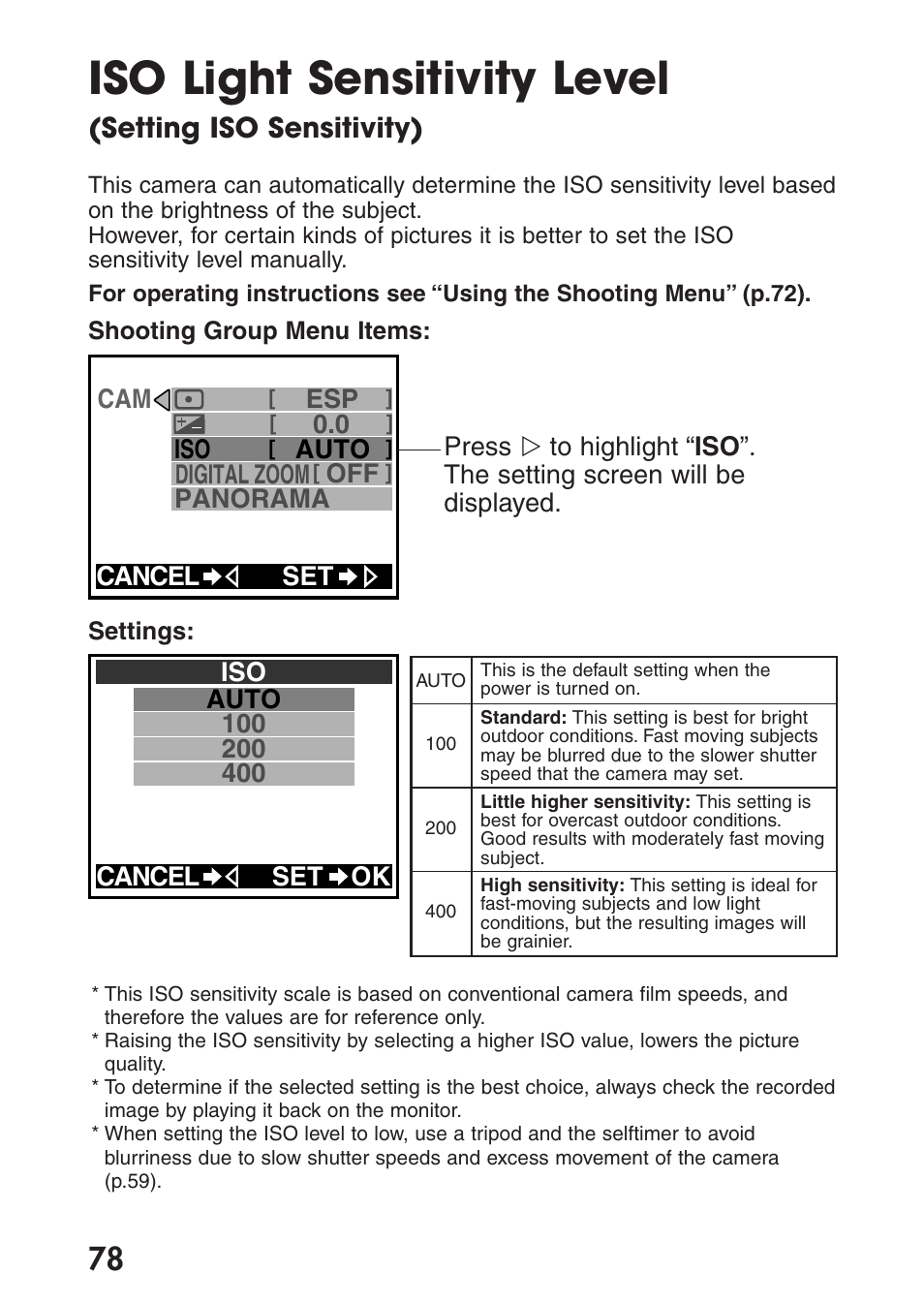 Iso light sensitivity level, Setting iso sensitivity) | Olympus C-200 Zoom  EN User Manual | Page 88 / 162