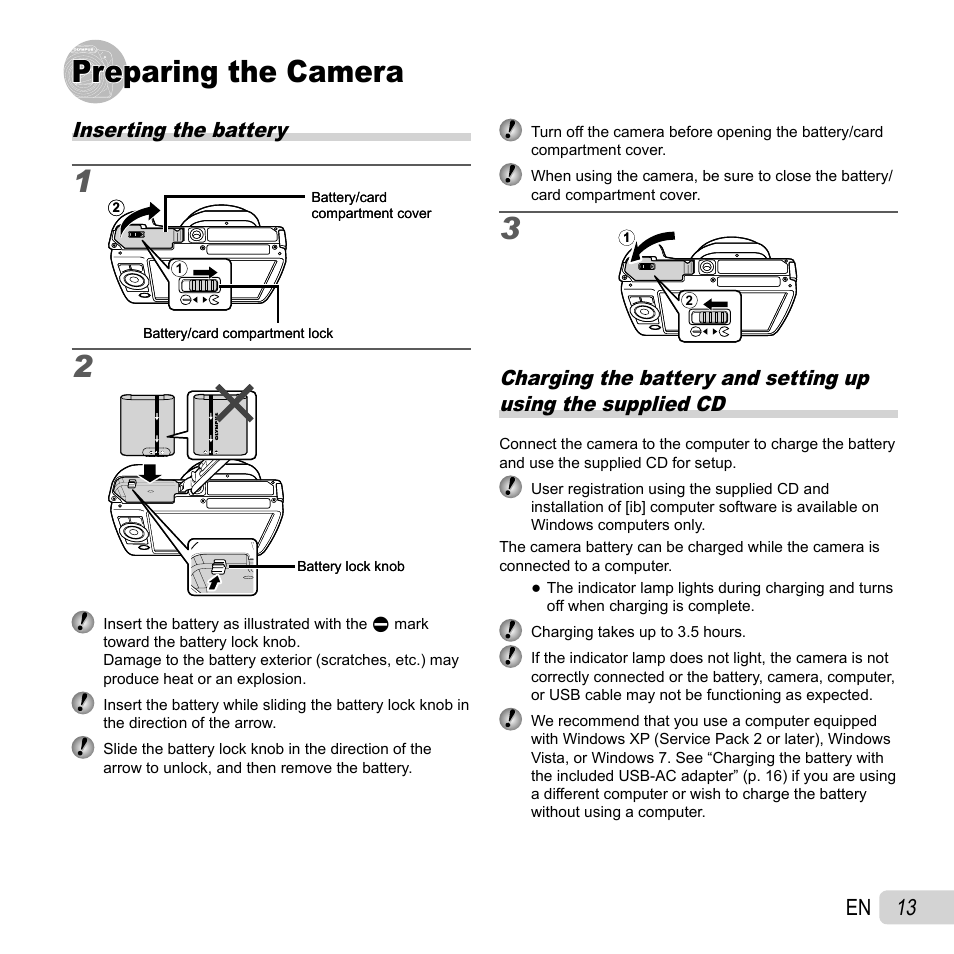 Preparing the camera, 13 en, Inserting the battery | Olympus SZ-10 User Manual | Page 13 / 84