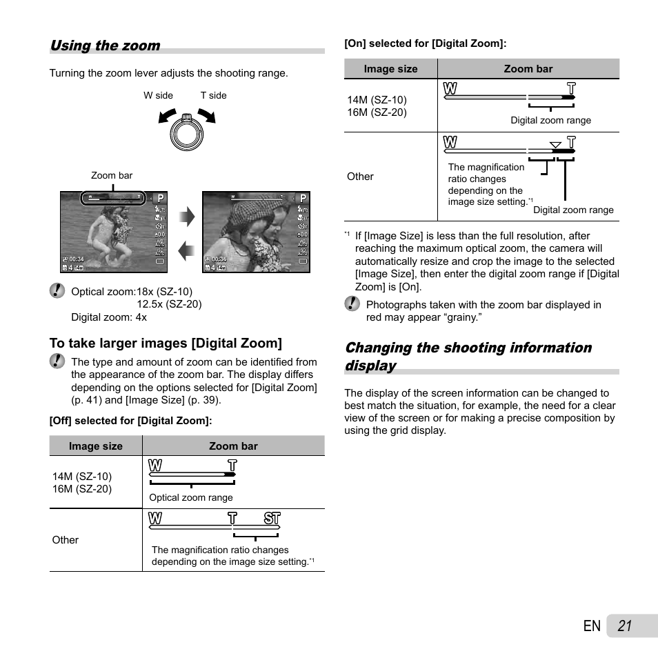 21 en, Using the zoom, Changing the shooting information display | Olympus SZ-10 User Manual | Page 21 / 84