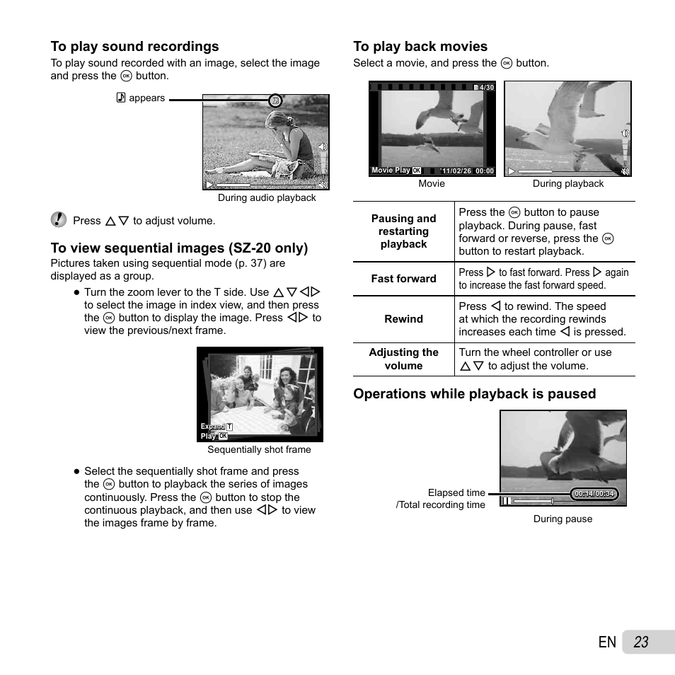 23 en, Operations while playback is paused | Olympus SZ-10 User Manual | Page 23 / 84