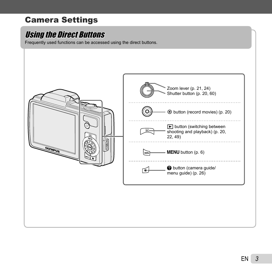 Using the direct buttons, Camera settings | Olympus SZ-10 User Manual | Page 3 / 84