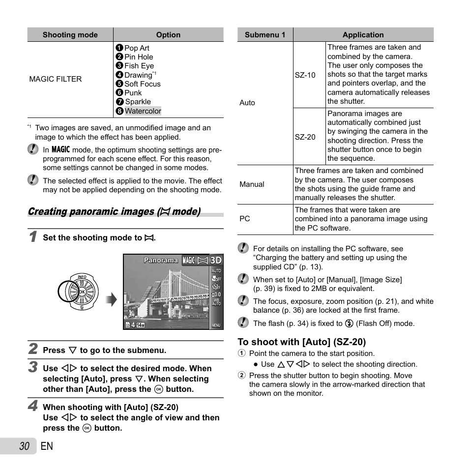 30 en, Creating panoramic images ( p mode) | Olympus SZ-10 User Manual | Page 30 / 84