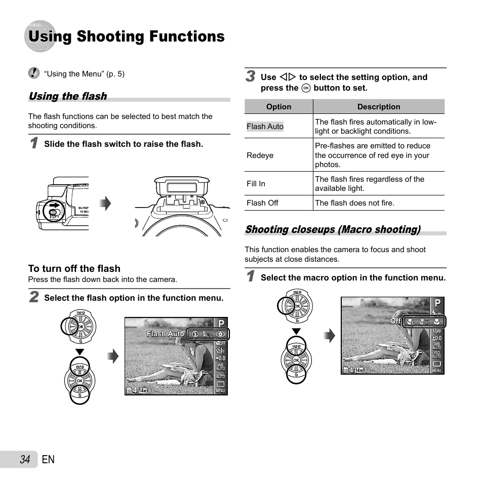 Using shooting functions, 34 en, Using the fl ash | Shooting closeups (macro shooting) | Olympus SZ-10 User Manual | Page 34 / 84